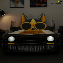 Bellemave®Cool Toddler Bed Frame – Cartoon Car Racing Bed with LED Lights & Dog Design, Black/Yellow - Bellemave