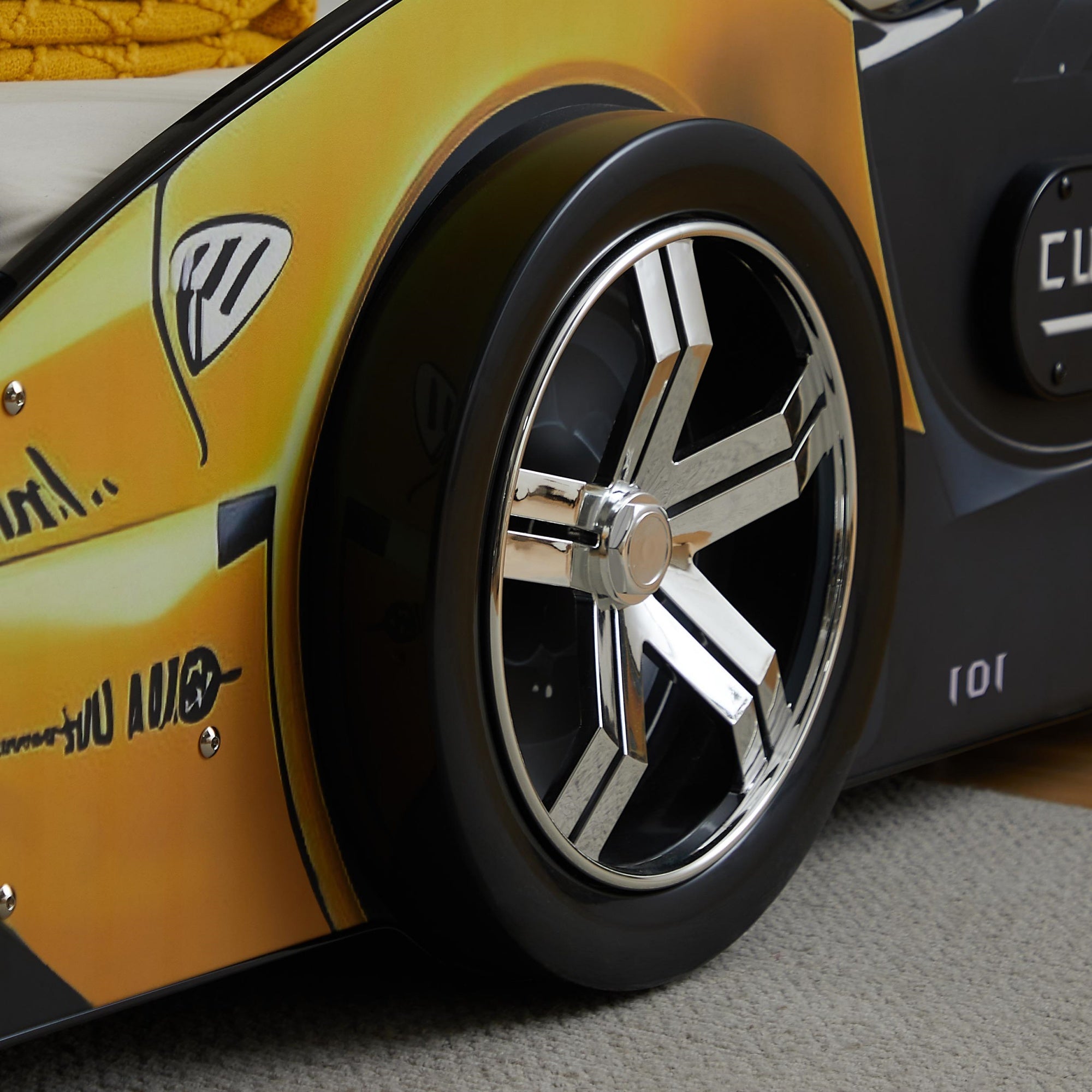 Bellemave®Cool Toddler Bed Frame – Cartoon Car Racing Bed with LED Lights & Dog Design, Black/Yellow - Bellemave