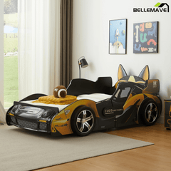 Bellemave®Cool Toddler Bed Frame – Cartoon Car Racing Bed with LED Lights & Dog Design, Black/Yellow - Bellemave