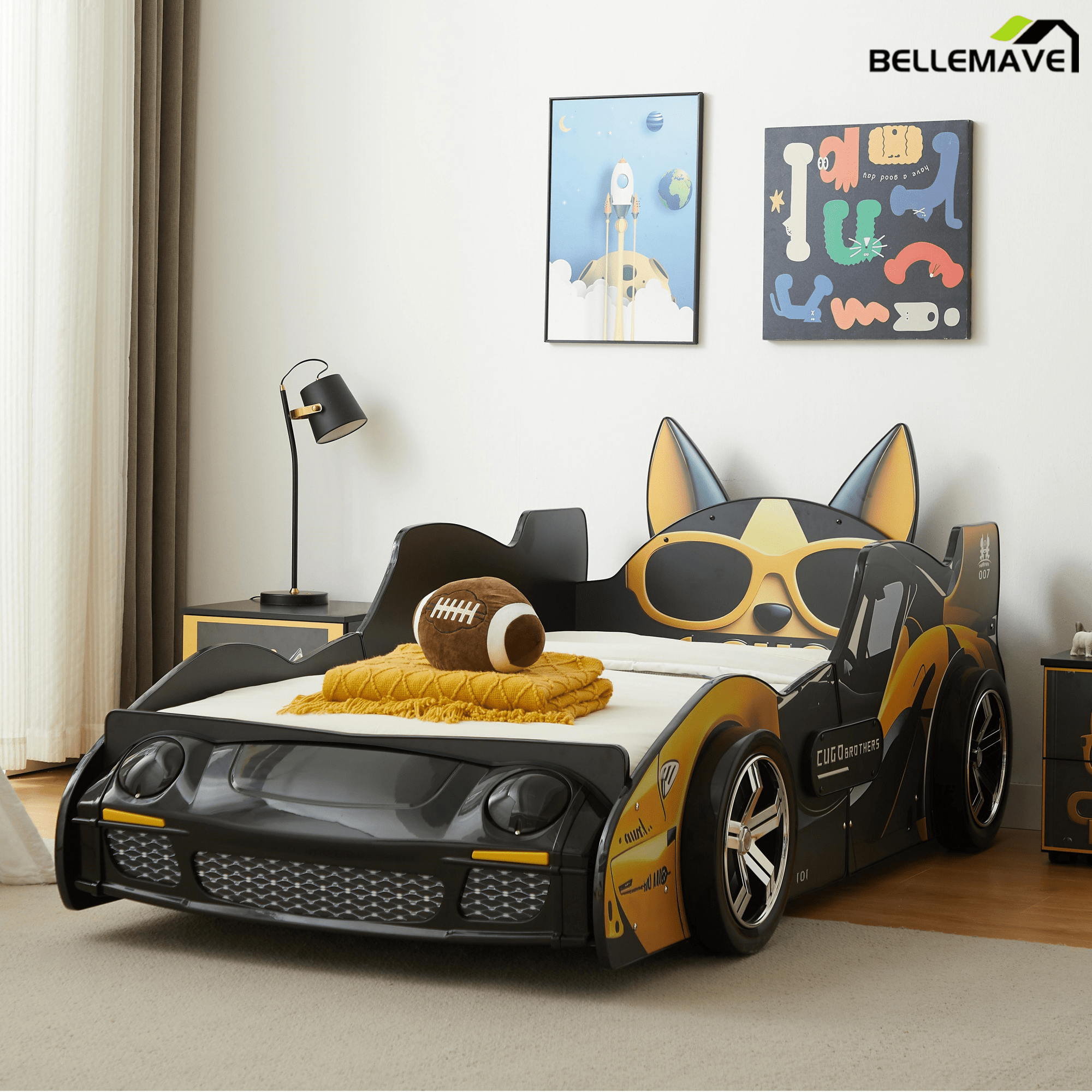 Bellemave®Cool Toddler Bed Frame – Cartoon Car Racing Bed with LED Lights & Dog Design, Black/Yellow - Bellemave