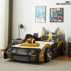 Bellemave®Cool Toddler Bed Frame – Cartoon Car Racing Bed with LED Lights & Dog Design, Black/Yellow - Bellemave