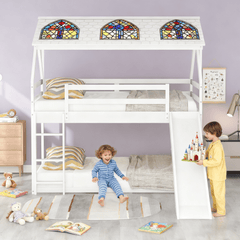 Bellemave®Twin Size House Bunk Bed with Slide and Ladder,White - Bellemave