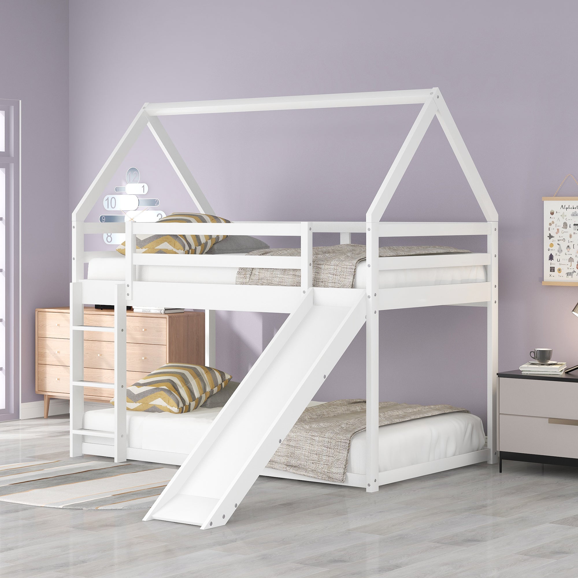 Bellemave®Twin Size House Bunk Bed with Slide and Ladder,White - Bellemave