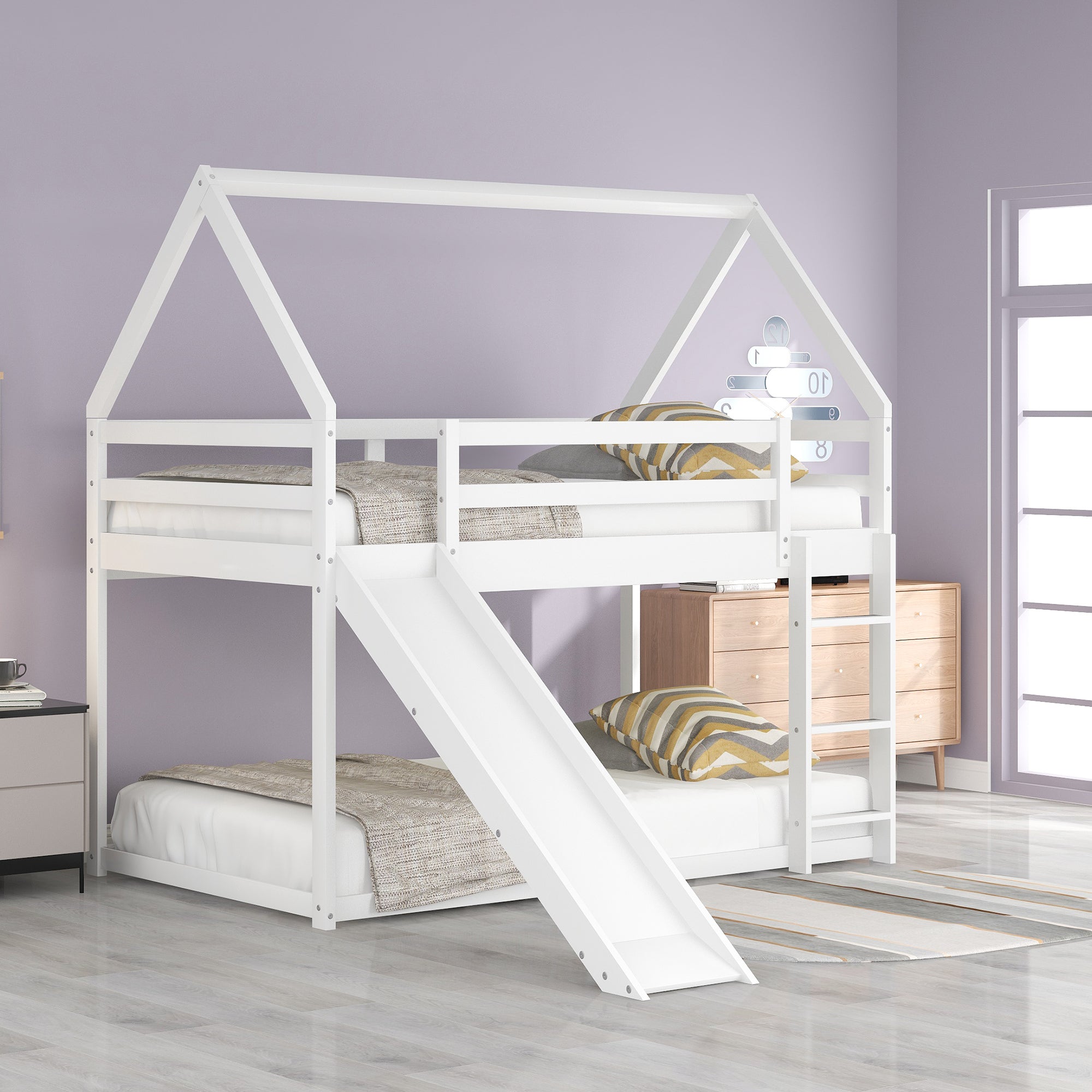 Bellemave®Twin Size House Bunk Bed with Slide and Ladder,White - Bellemave