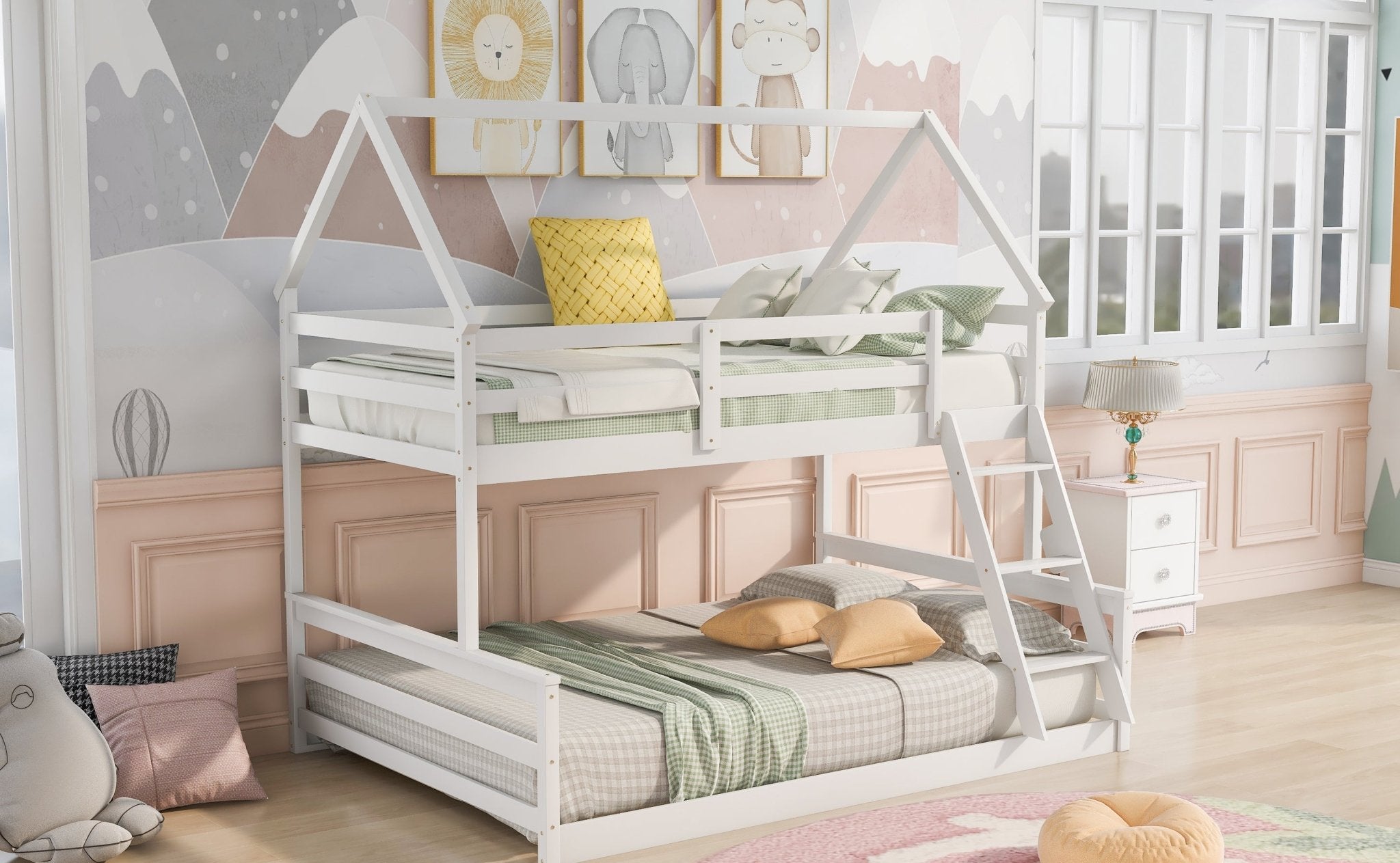 Bellemave®Twin Size House Bunk Bed with Slide and Ladder,White - Bellemave