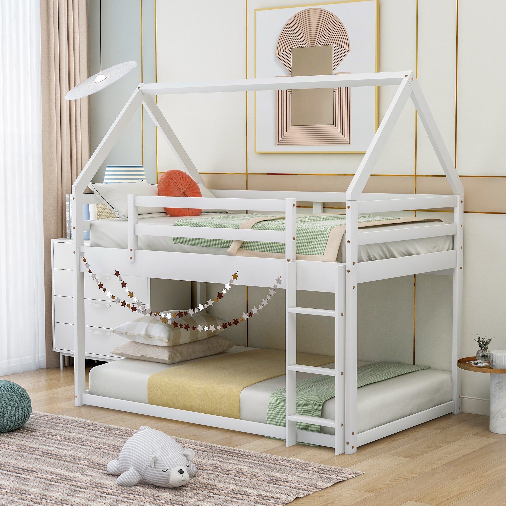 Bellemave®Twin Size House Bunk Bed with Slide and Ladder,White - Bellemave