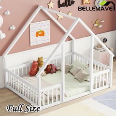 Bellemave® Wood House-Shaped Floor Bed with Fence and Guardrails