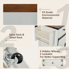 Bellemave® 53.7" Farmhouse Kitchen Island on 5 Wheels with Drop Leaf, Power Outlet, 2 Sliding Barn Door , Spice Rack