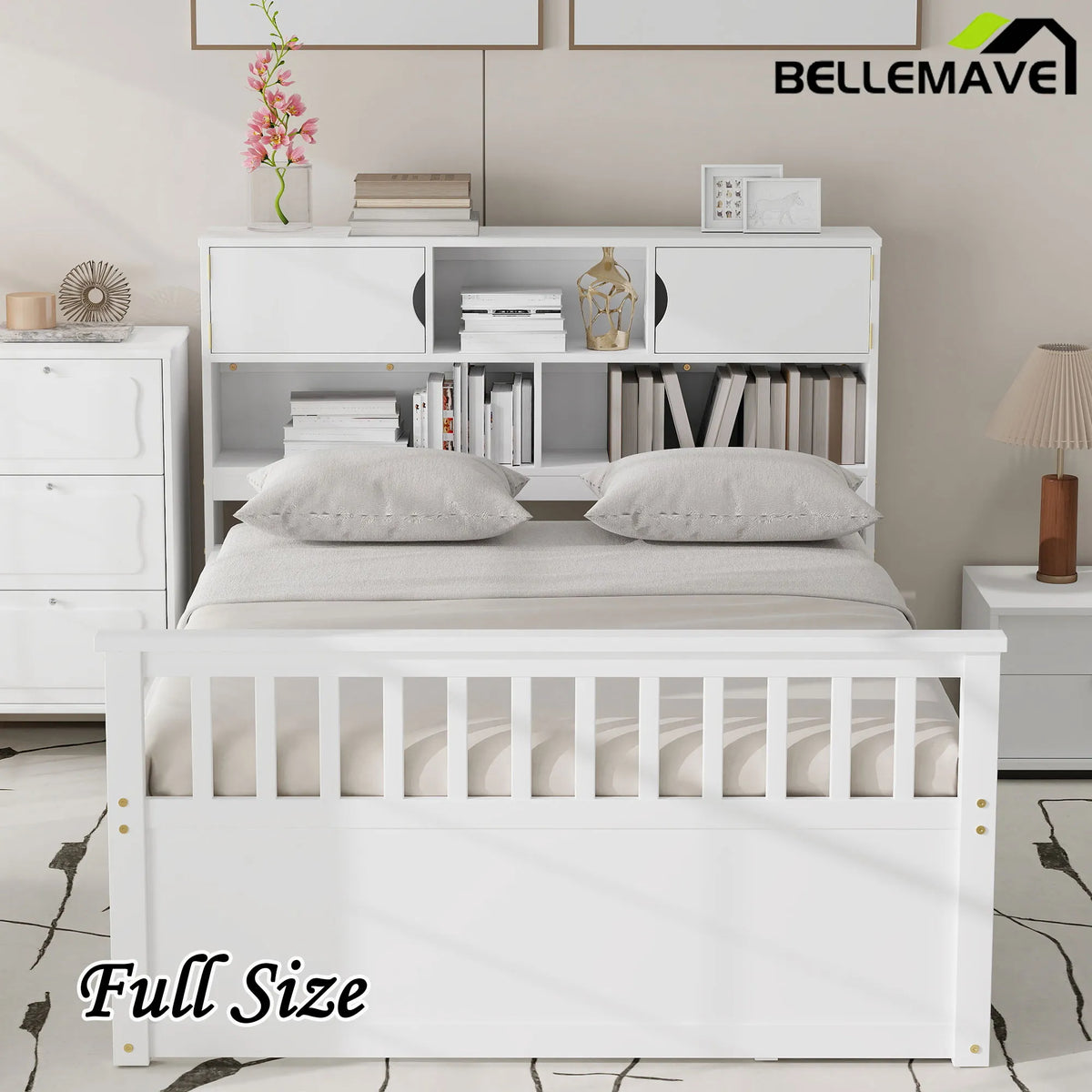 Bellemave® Full Size Captain Platform Bed with Storage Bookcases and Shelves,Four Drawers