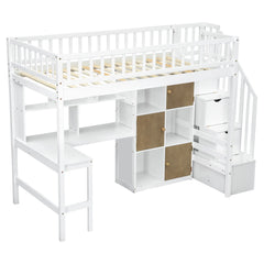Bellemave® Twin Size Wood Loft Bed with Built-in Desk, LED, Storage Shelves, Cabinets and Staircase