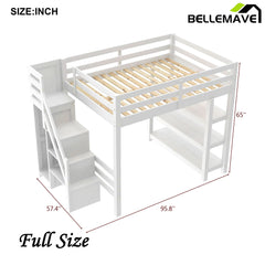 Bellemave® Wooden Loft Bed with Shelves, Storage Staircase, Small Wardrobe and White LED Light