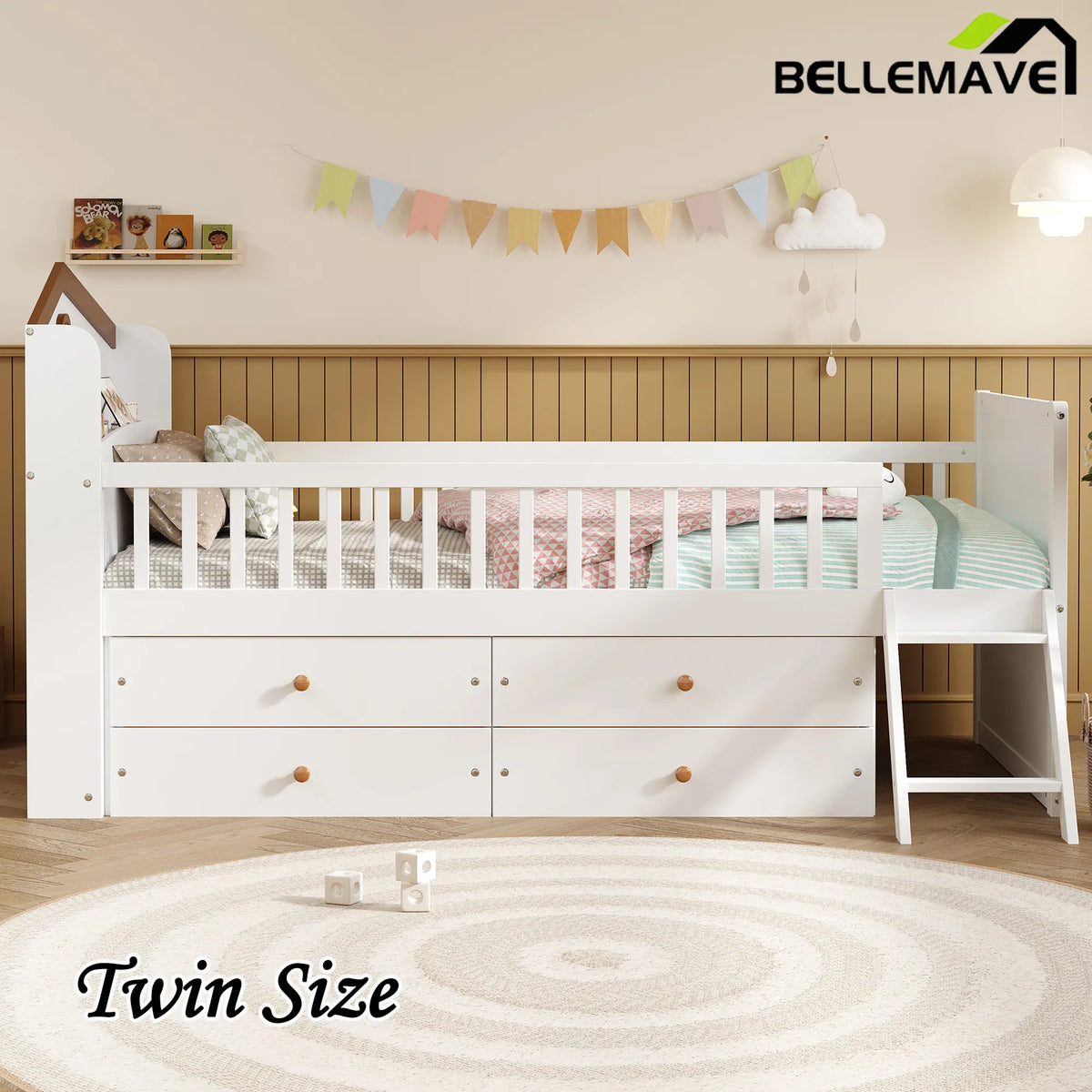 Bellemave® Twin Size Wooden Platform Bed with Storage 4 Drawers,Guardrail Headboard and Ladder