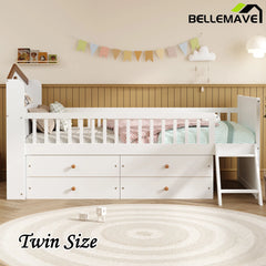 Bellemave® Twin Size Wooden Platform Bed with Storage 4 Drawers,Guardrail Headboard and Ladder