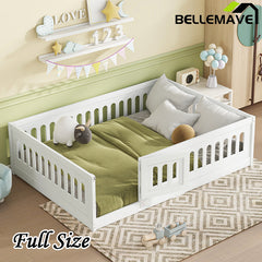 Bellemave® Solid Wood Floor Bed with Heightened Safety Guardrails and Door, No Slats Included