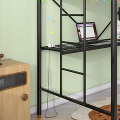 Bellemave® Twin Size Metal Loft Bed with Desk, Power Outlet and LED Lighted , Safety Guard & Ladder