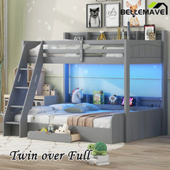 Bellemave® Twin over Full Bunk Bed with Storage Shelves, LED, Charging Station and a Drawer