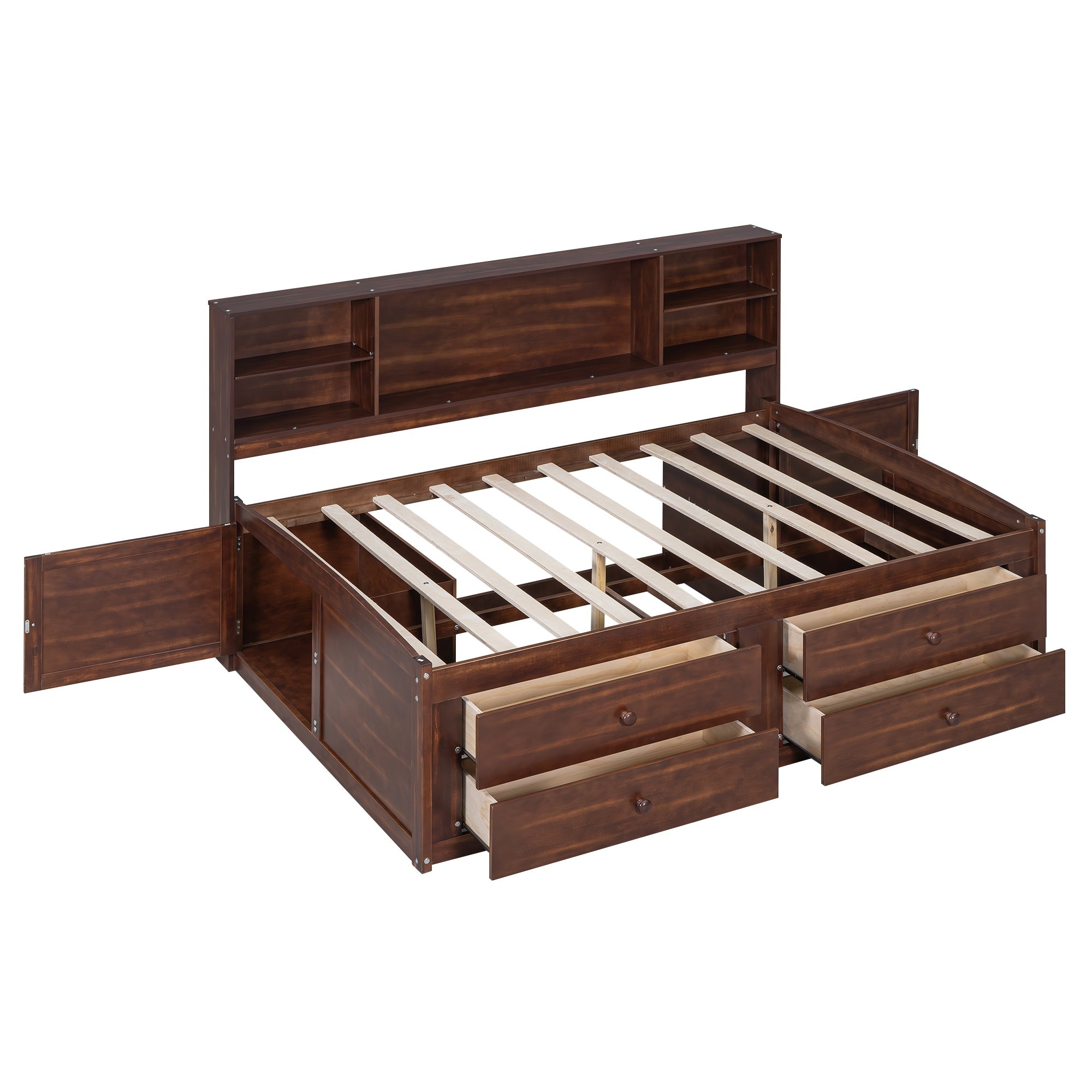 Bellemave Full Size Wooden Captain Bed with Built-in Storage Shelves, 4 Drawers and 2 Cabinets, Antique Brown Bellemave
