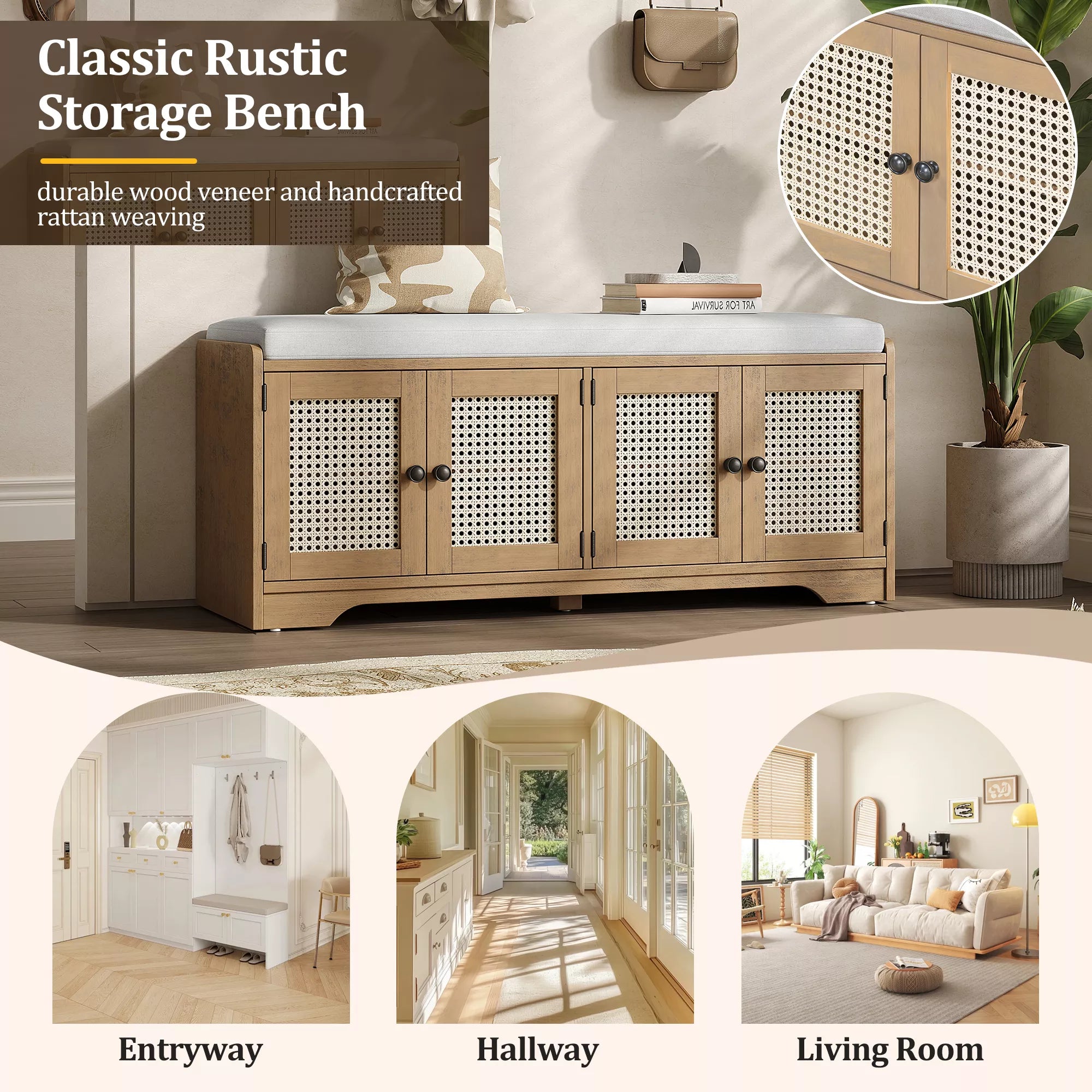 Multifunctional wood entryway shoe bench for hallway and living room