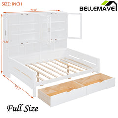 Bellemave® Wooden Daybed with Glass-Door Storage Cabinets, Built-in LED Lighting and Shelves