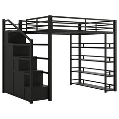 Bellemave® Full Size Metal Loft Bed with Storage Shelves, Cabinets and Wardrobe