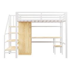 Bellemave® Twin Size Metal Loft Bed With Desk, Shelf, Wardrobe and Storage Staircase