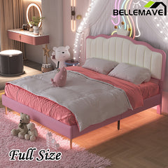 Bellemave® Upholstered Princess Bed with Crown Headboard, Light Strips and Golden Metal Legs