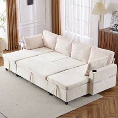 Bellemave® 111.8" Sectional Sofa Pull-Out Sofa Bed with Large Storage Space, Two USB Ports and Two Cup Holders