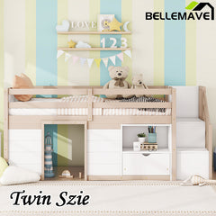 Bellemave® Twin Size Low Loft Bed with Stair, Drawer and Shelf, Built-In Space Under Bed