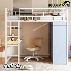 Bellemave® Loft Metal Bed with Desk,Shelves,Power Outlet,LED Light and Wardrobe