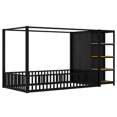 Bellemave® Metal Floor Bed with Storage Shelves and Wardrobe