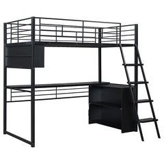 Bellemave® Metal Loft Bed with LED, Desk and 4 Storage Shelves