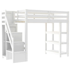 Bellemave® Wooden Loft Bed with Shelves, Storage Staircase, Small Wardrobe and White LED Light