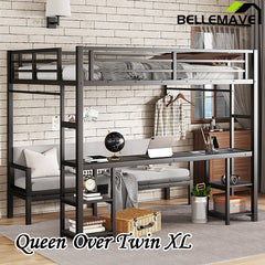 Bellemave® Queen over Twin XL Metal Bunk Bed/Loft Bed with Desk and Shelves, Multiple Uses Folds into Sofa with LED and USB