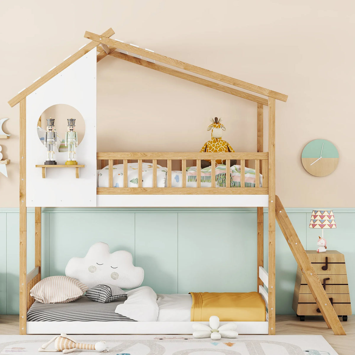 Bellemave® Twin Size House Bunk Bed Wood Bed with Roof, Window, Ladder