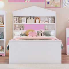 Bellemave® Twin Size House-Shaped Wooden Bed with Storage Shelf on the Headboard, Built-in Two Storage Drawers