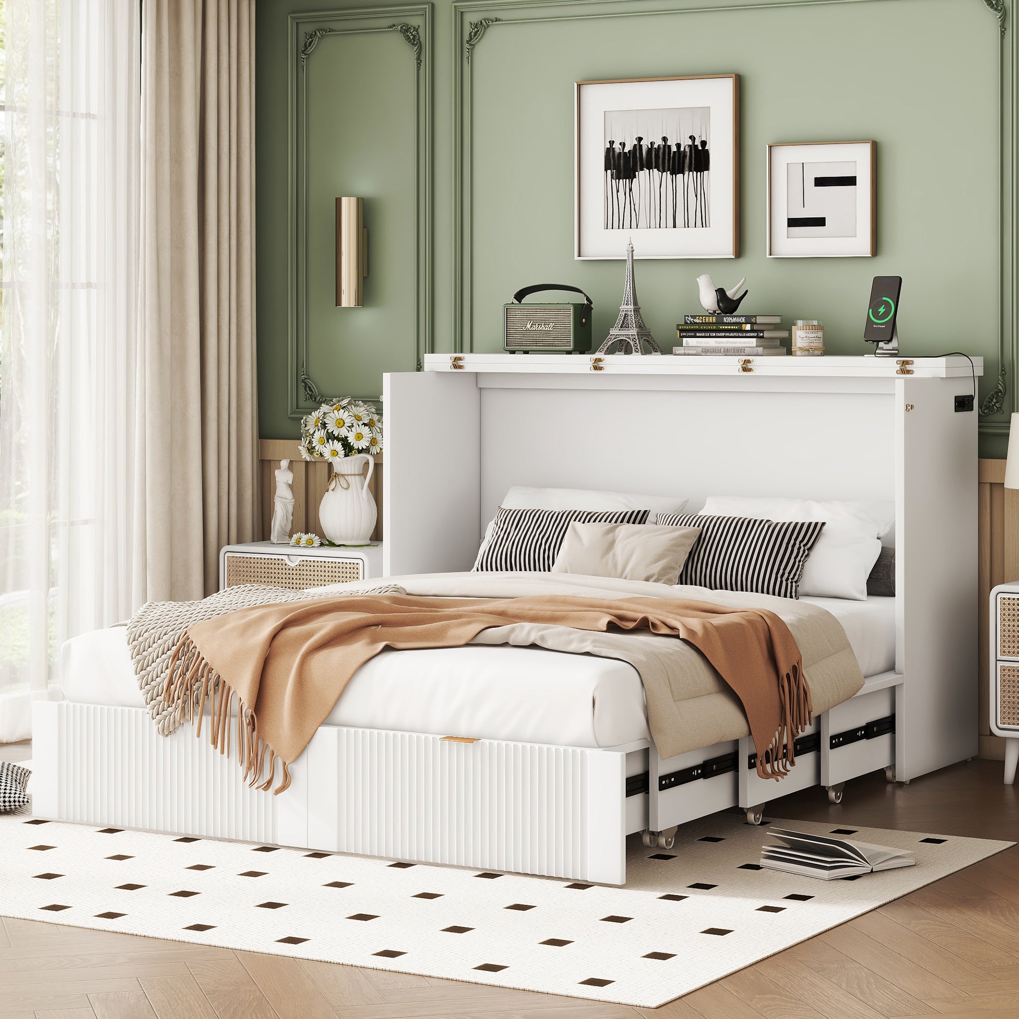 Bellemave® Murphy Bed Wall Bed with Drawer and a Set of Sockets & USB Ports, Pulley Structure Design Bellemave®