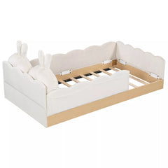 ngled view of twin upholstered platform bed frame with wooden slats