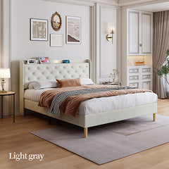 Bellemave® Queen Size Cotton and Linen Fabric Platform Bed with Mesh Backboard and LED Lights