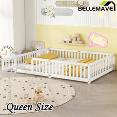 Bellemave® Queen Size Montessori Floor Bed with Safety Guardrails and Door