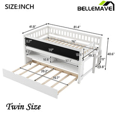 Bellemave® Twin Size Wood Low Loft Bed with Storage Shelves, Blackboard and Trundle