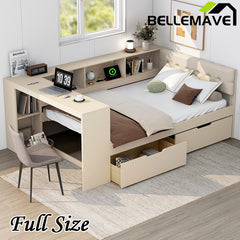 Bellemave®  Wood Daybed with Storage Shelves, Drawers, Charging Station and Upholstered Headboard