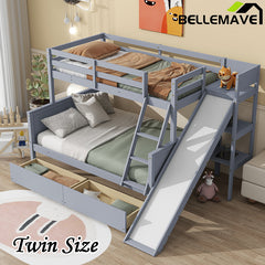 Bellemave® Twin over Full Rubber Wood Bunk Bed with 2 Drawers, Slide, Shelves, Ladder