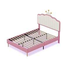 Bellemave® Upholstered Princess Bed with Crown Headboard, Light Strips and Golden Metal Legs