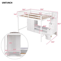 Bellemave® Full Size Loft Bed with Wardrobe,Low Storage Table and Storage Staircase