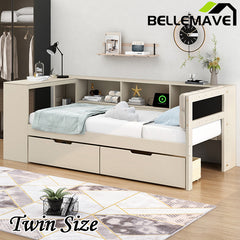 Bellemave®  Wood Daybed with Storage Shelves, Drawers, Charging Station and Upholstered Headboard