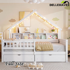Bellemave® Full Size House Bed with LED Light and Storage Shelves, Drawers and Guardrail