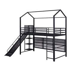 Bellemave® Twin Size Metal House Loft Bed with Iron mesh Shelves and Slide