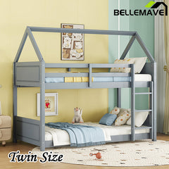 Bellemave® Twin Size Rubber Wood House Floor Bunk Bed with Headboards, Footboards and Guardrails, Ladder