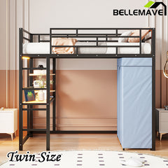 Bellemave® Loft Metal Bed with Desk,Shelves,Power Outlet,LED Light and Wardrobe