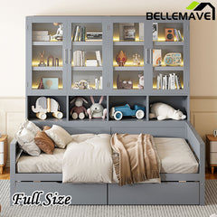 Bellemave® Wooden Daybed with Glass-Door Storage Cabinets, Built-in LED Lighting and Shelves